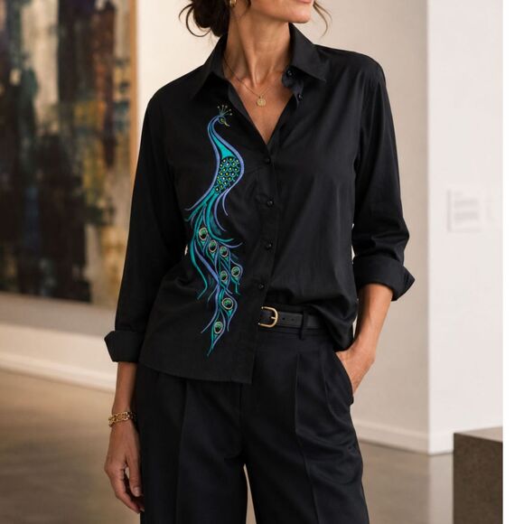 Bob Mackie Tops - Vintage Bob Mackie Wearable Art Peacock Embroidered Black Button Shirt XS